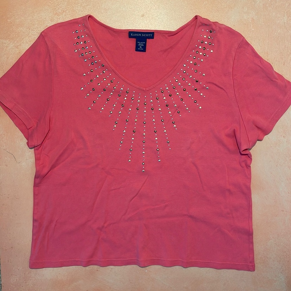 Womens Karen Scott V-Neck Bedazzled 100% Cotton Studded Embellished T-shirt XL